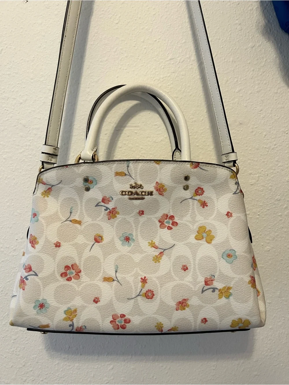 Coach White Floral Print Small Satchel with Gold Hardware